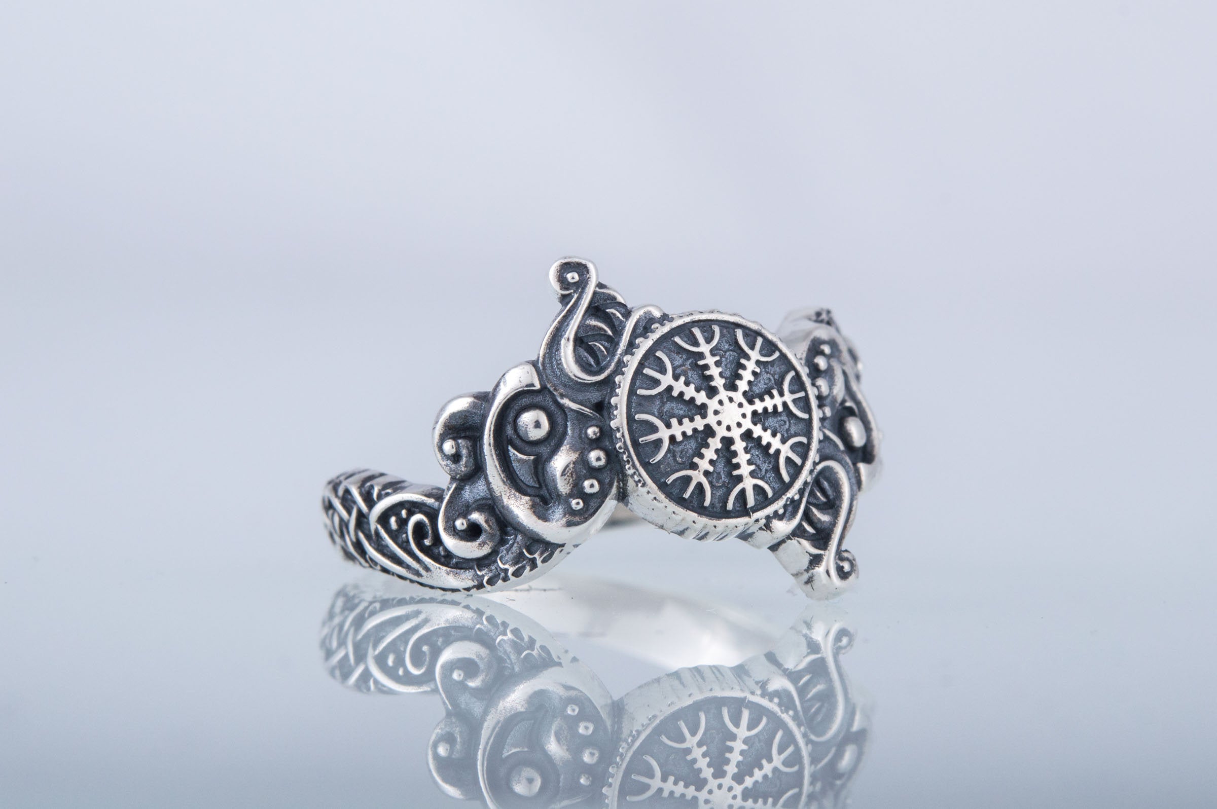 Viking Odin Ring - Helm of Awe Ring - Silver Viking Ring with Aegishjalmur Symbol and Hail Odin