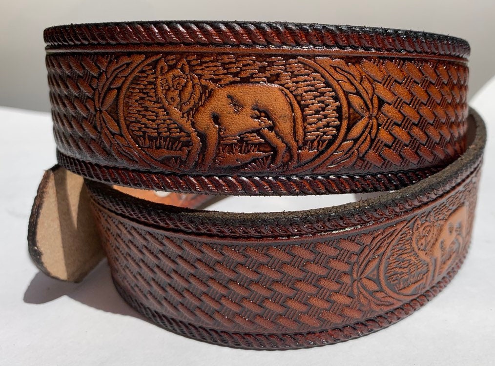 Viking Wolf Leather Accessory - Viking Tooled Leather Belt Fenrir Tyr Design