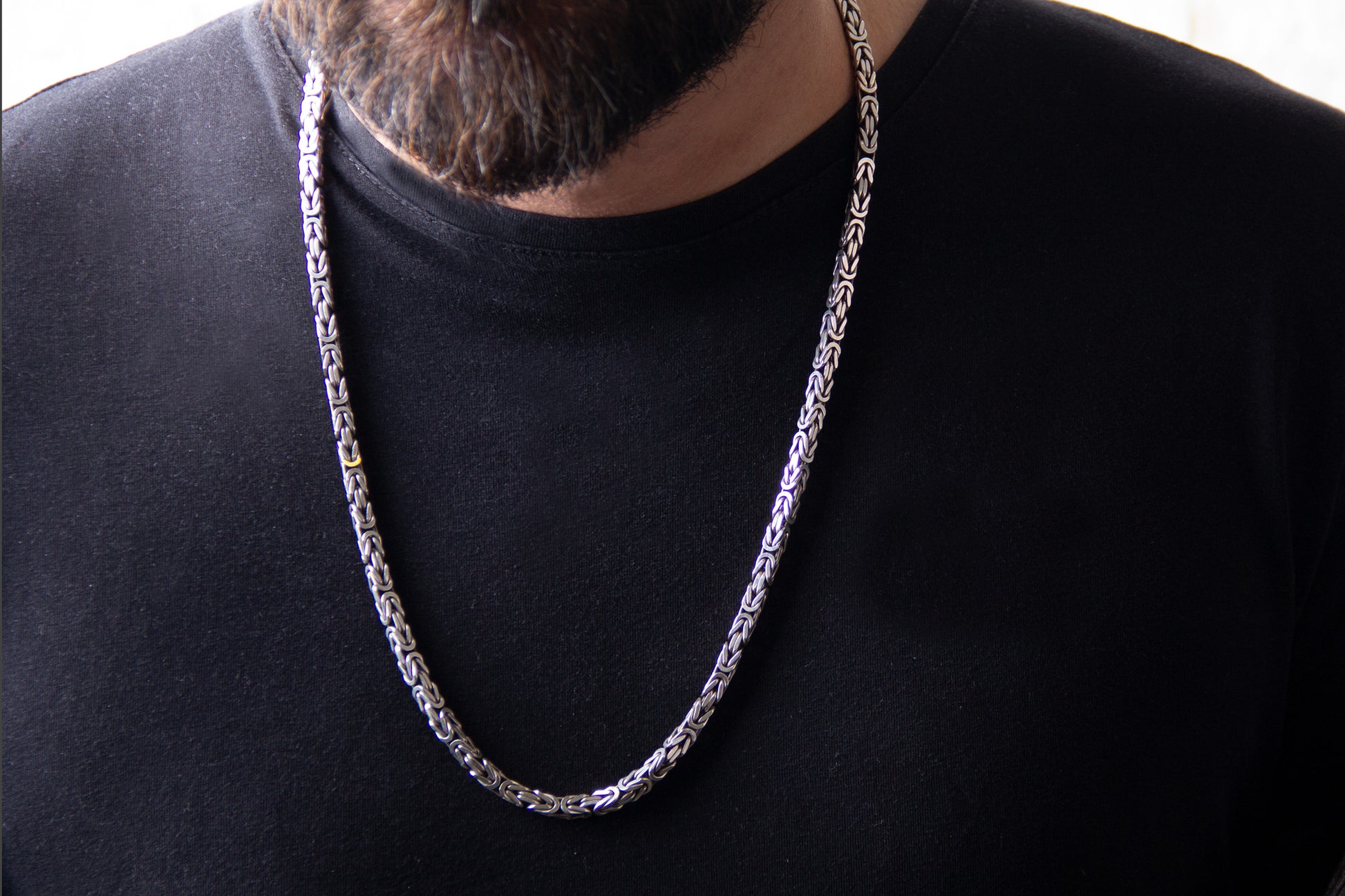 Viking Necklace - Oxidized Silver Square Byzantine Chain Necklace, 925 Sterling Silver Viking