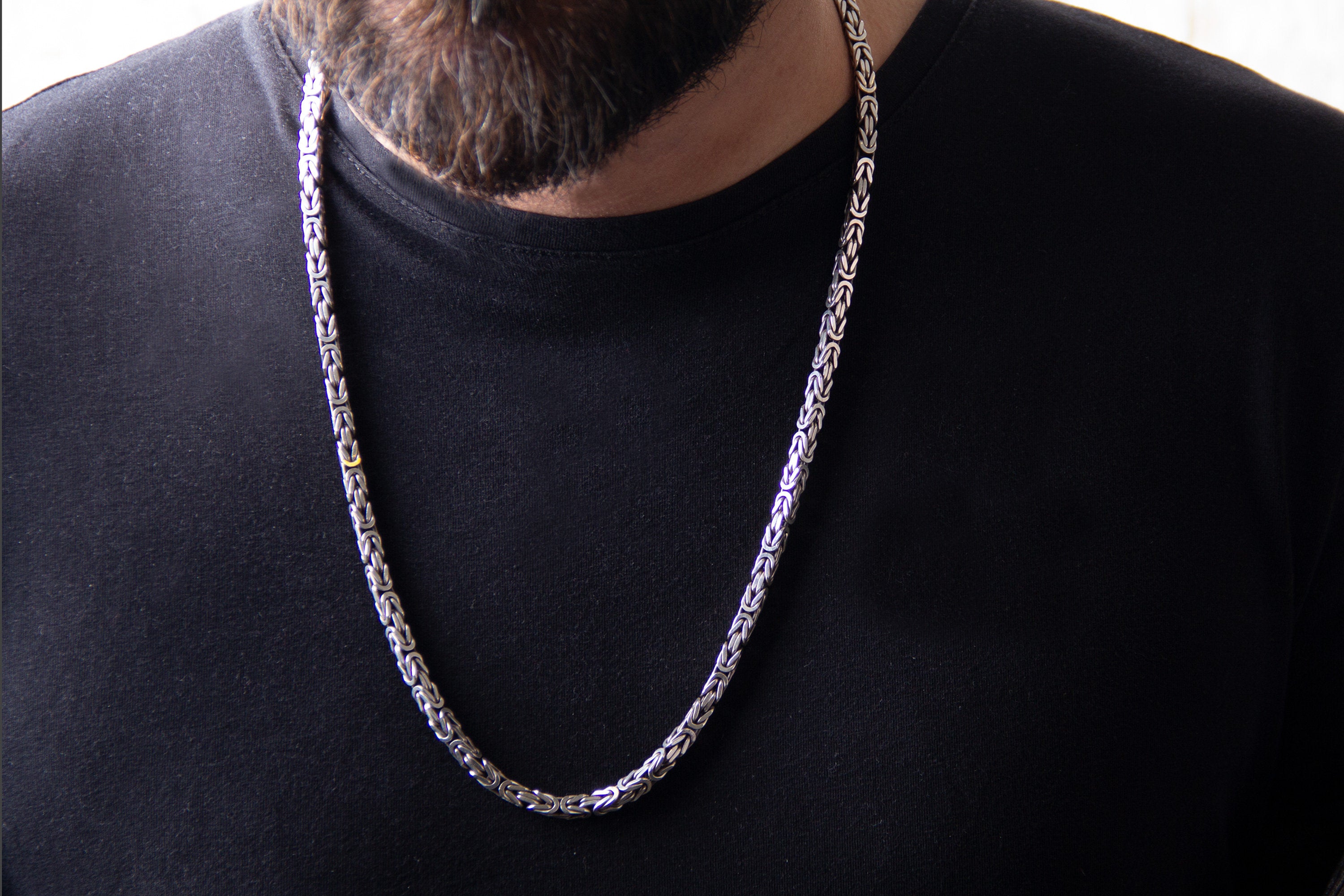 Viking Necklace - Oxidized Silver Square Byzantine Chain Necklace, 925 Sterling Silver Viking