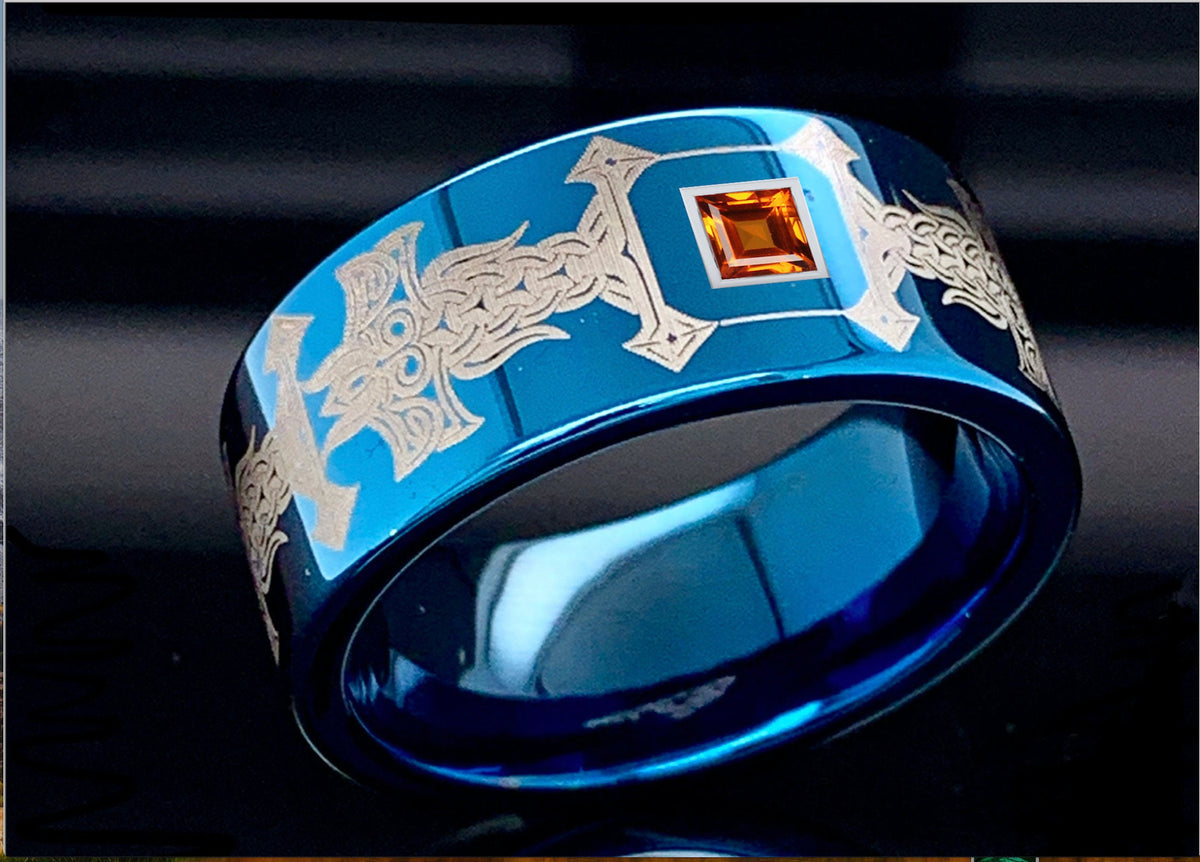 Viking Odin Ring - Blue Tungsten Viking Ring Norse Wedding Band Odin Symbol Personalized Mens