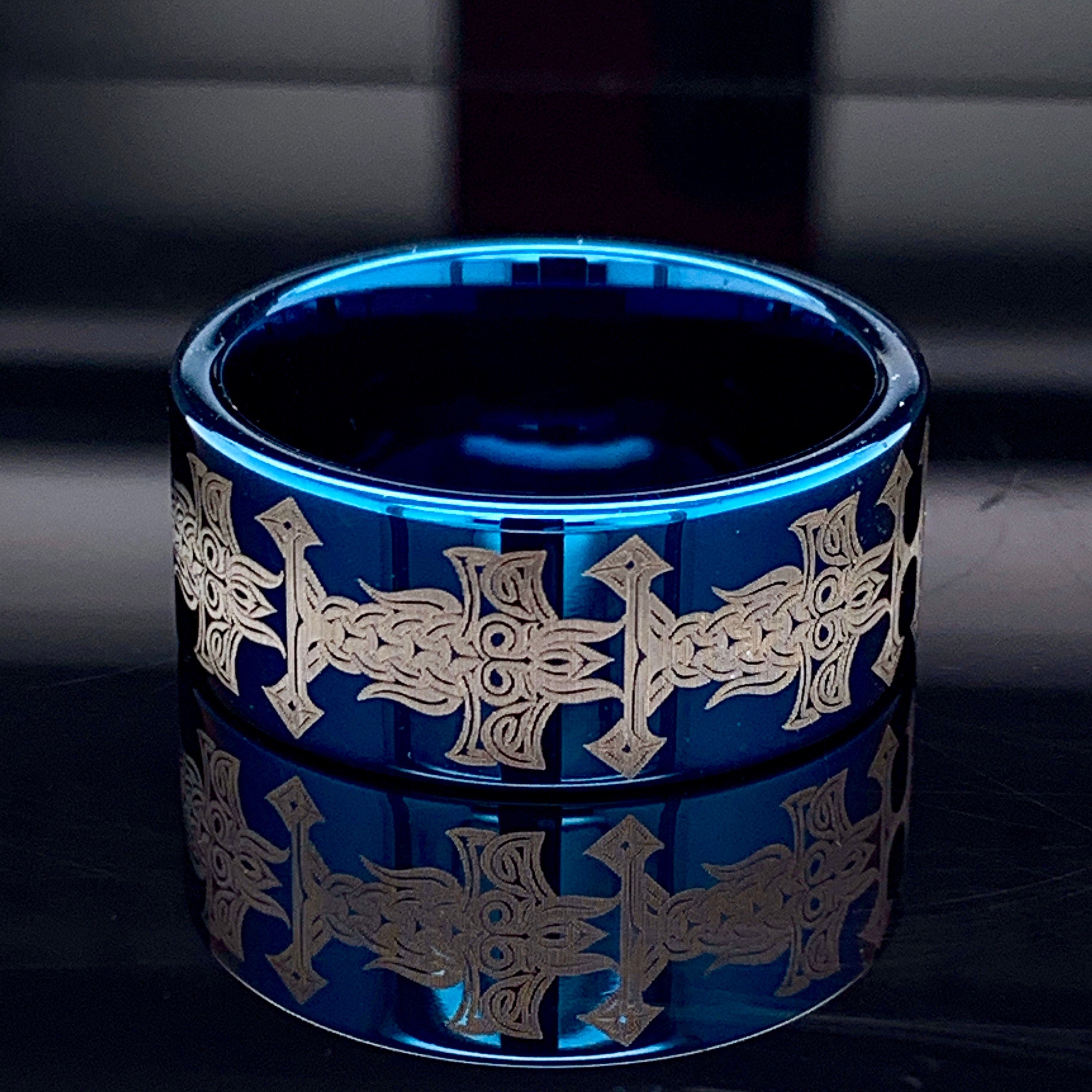 Viking Odin Ring - Blue Tungsten Viking Ring Norse Wedding Band Odin Symbol Personalized Mens