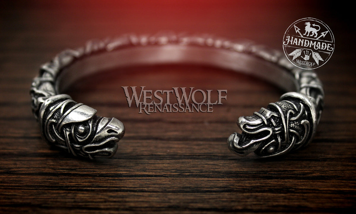 Viking Odin Bracelet - Silver Viking Raven Torc with Odin's Ravens Hugin and Munin — Norse