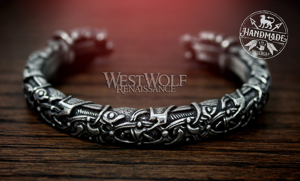 Viking Odin Bracelet - Silver Viking Raven Torc with Odin's Ravens Hugin and Munin — Norse