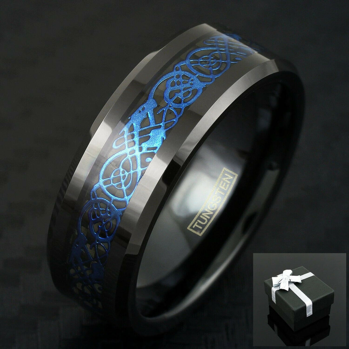 Viking Odin Ring - Blue Tungsten Viking Ring Norse Wedding Band Odin Symbol Personalized Mens