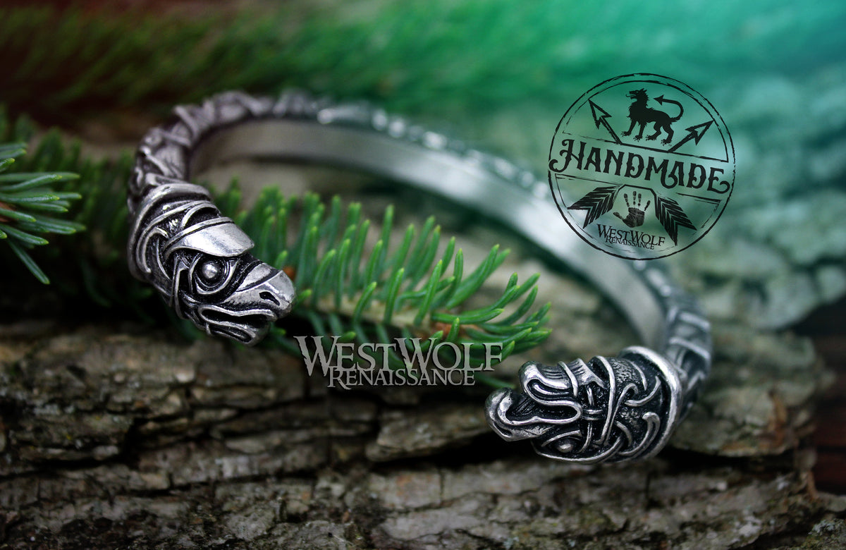 Viking Odin Bracelet - Silver Viking Raven Torc with Odin's Ravens Hugin and Munin — Norse