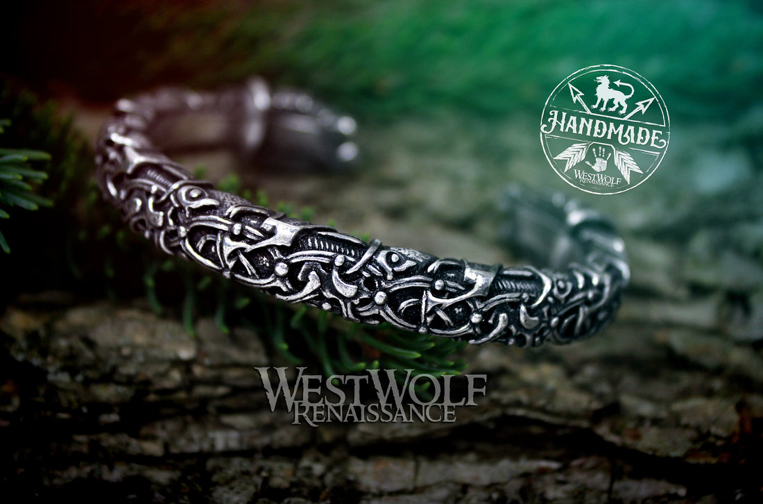 Viking Odin Bracelet - Silver Viking Raven Torc with Odin's Ravens Hugin and Munin — Norse