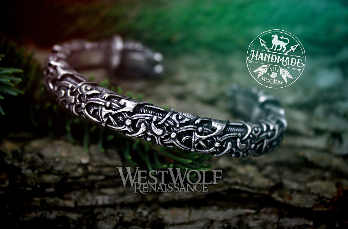 Viking Odin Bracelet - Silver Viking Raven Torc with Odin's Ravens Hugin and Munin — Norse