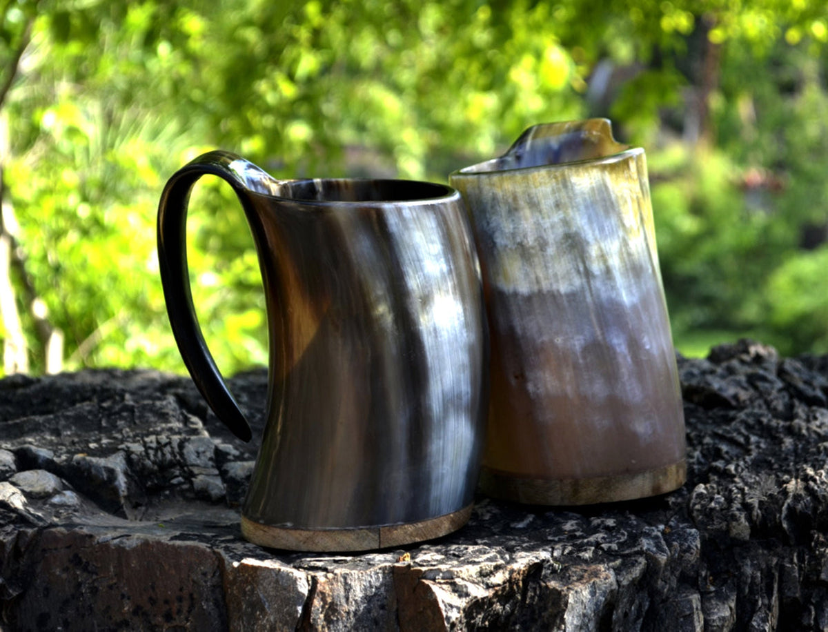Viking Home Decor - Pack of 8 Handmade Viking Large Horn Mugs, Medieval Tankards, Ale Mead Beer