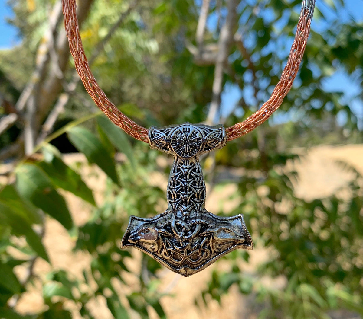 Viking Thor's Hammer Necklace - Gold Mjolnir Necklace with Wolf Heads, Viking Thor Hammer Pendant