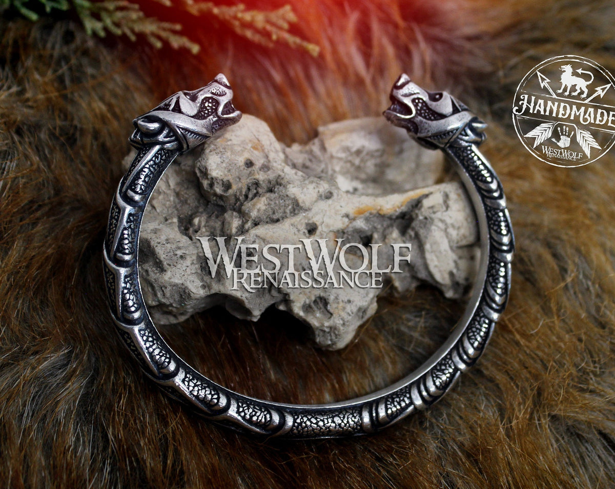 Viking Wolf Ring - Viking Wolf Head Torque Cuff Bracelet - Stainless Steel Fenrir Norse Arm Ring