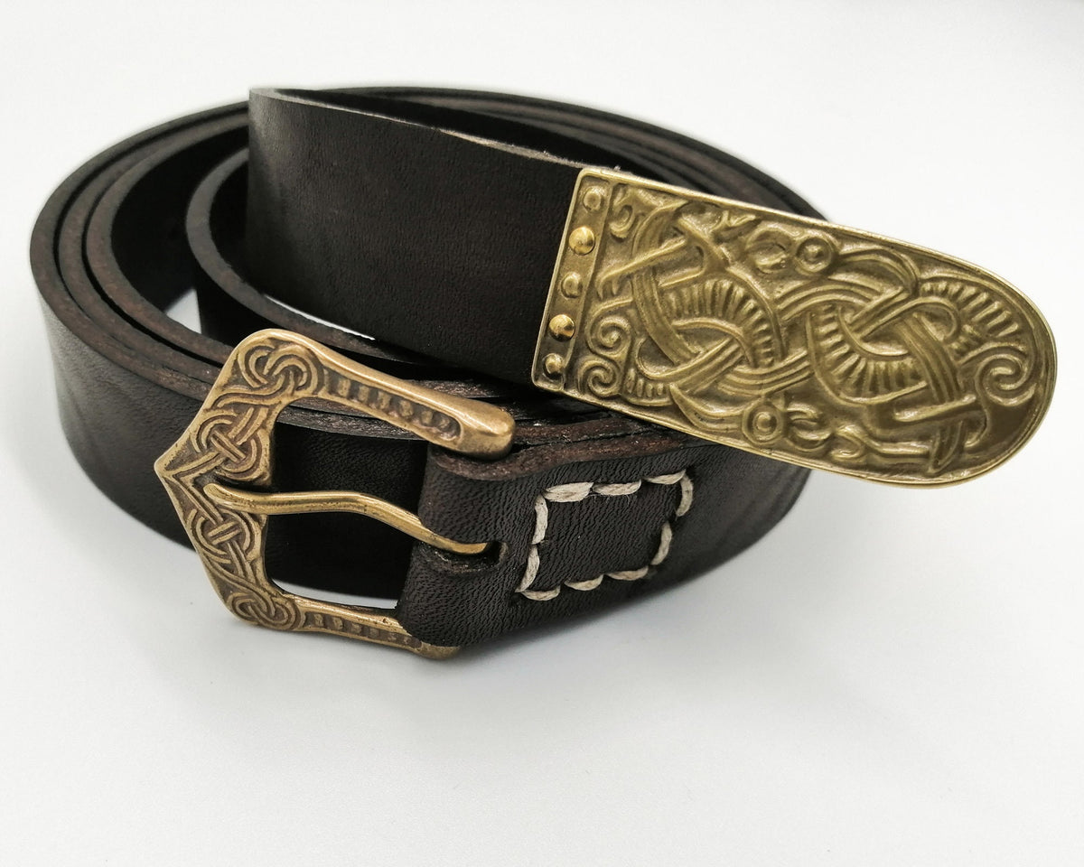 Viking Leather Accessory - Embossed Viking belt from brown or black 3, 2mm leather, with bronze