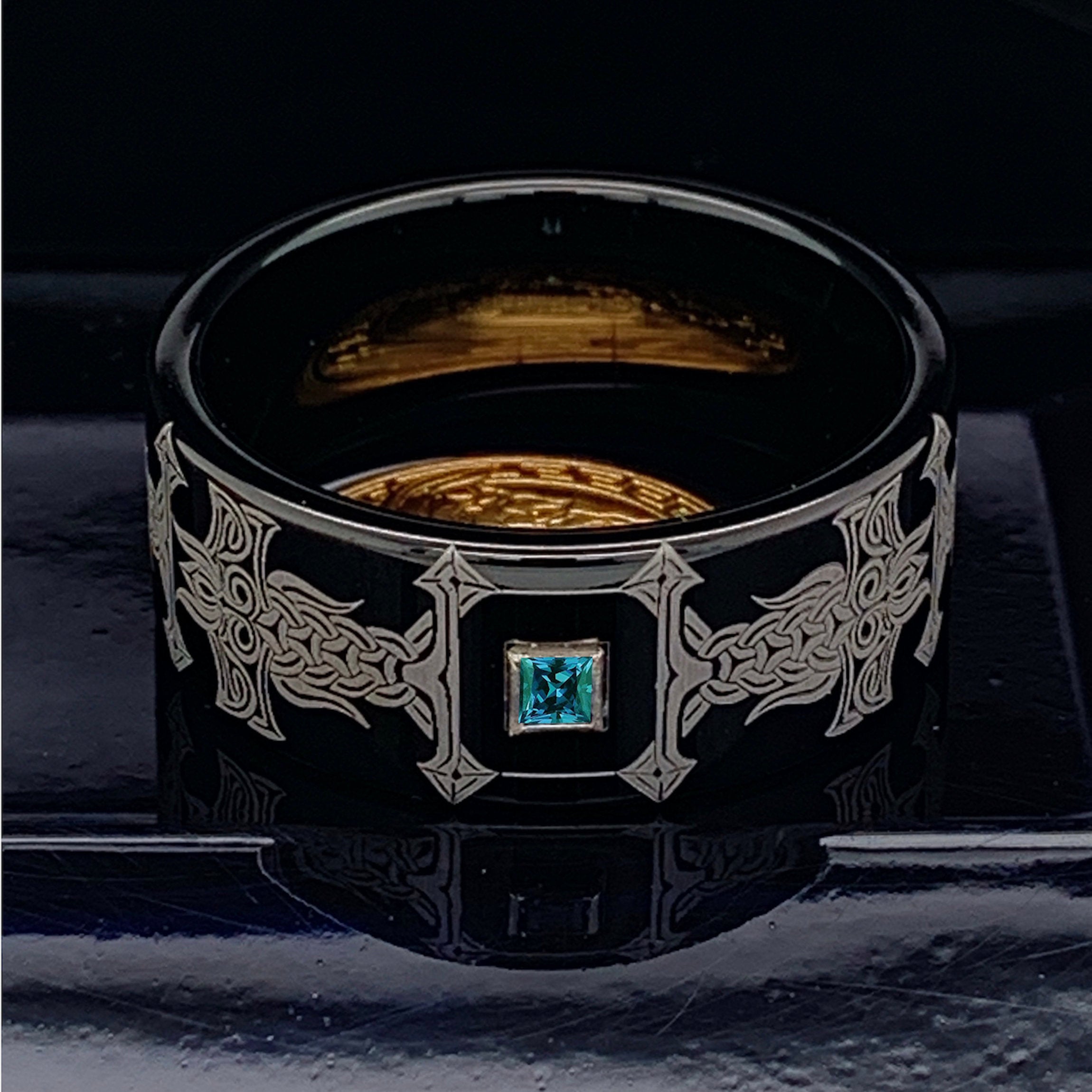 Viking Odin Ring - Blue Tungsten Viking Ring Norse Wedding Band Odin Symbol Personalized Mens