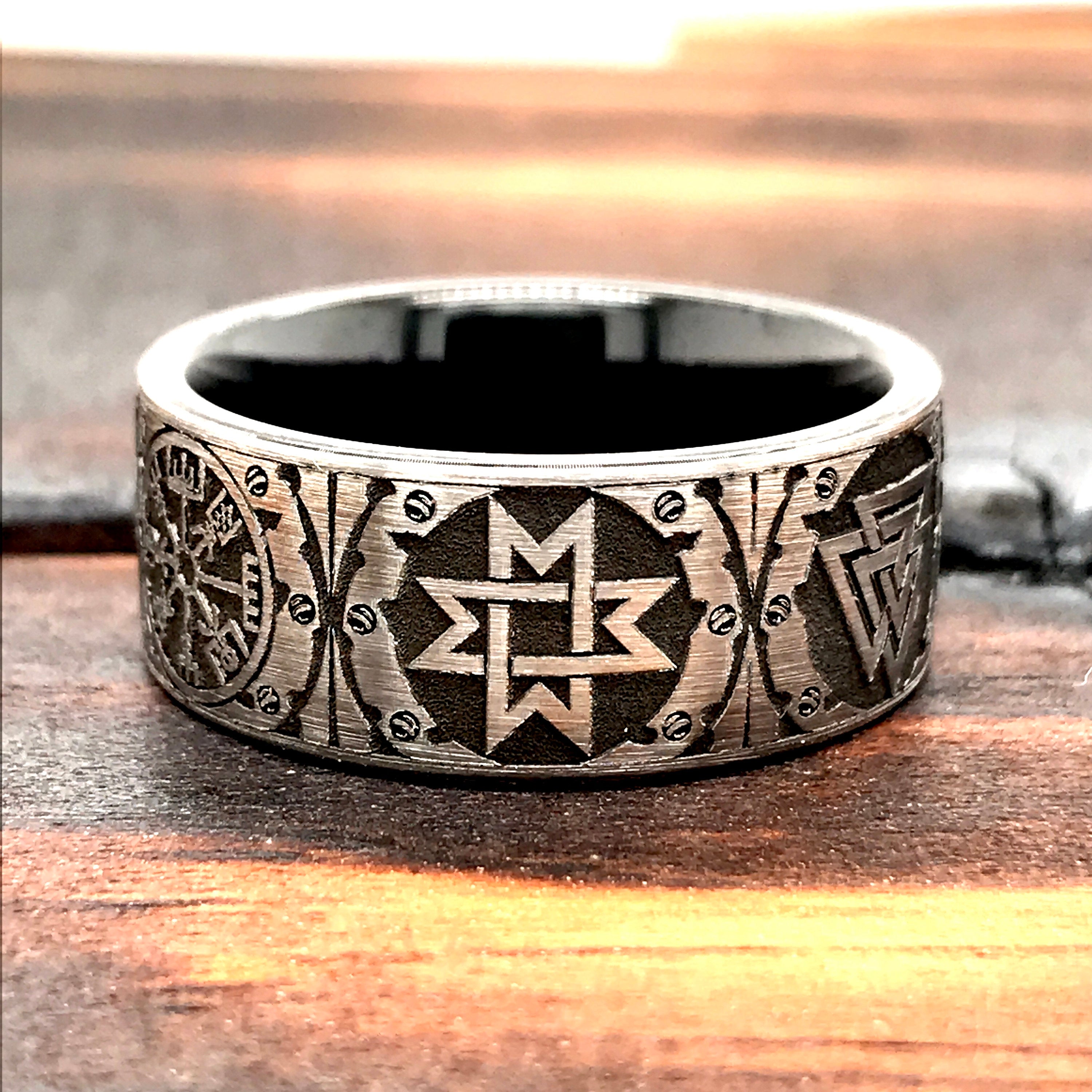 Viking Rune Ring - Black and Silver 9mm Tungsten Carbide Ring with Viking Norse Runes