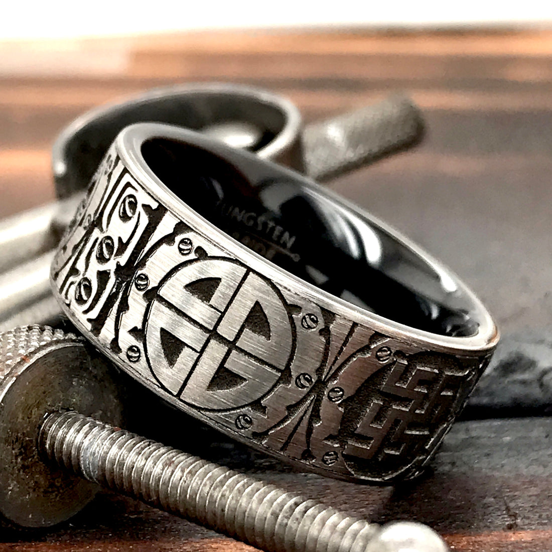 Viking Rune Ring - Black and Silver 9mm Tungsten Carbide Ring with Viking Norse Runes