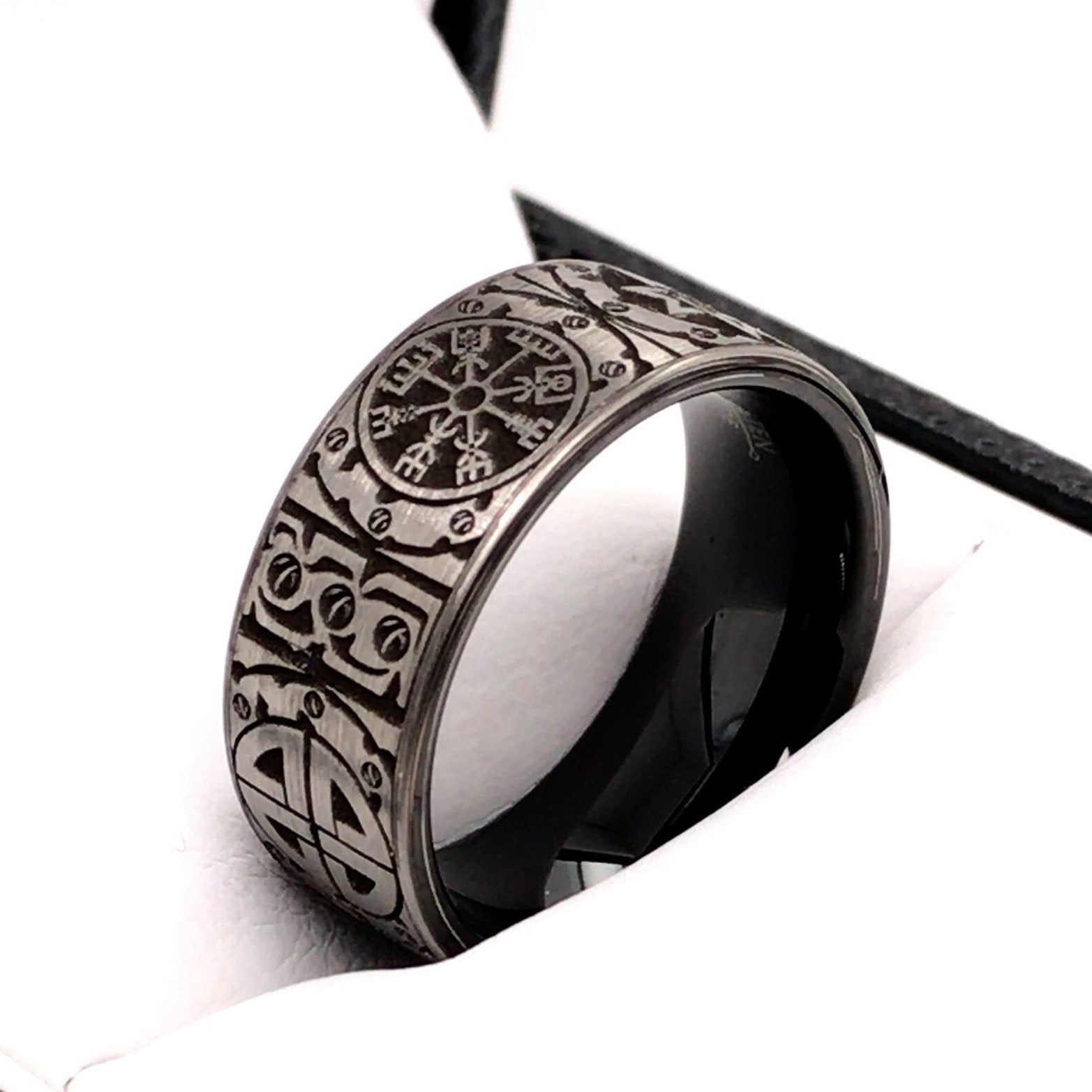 Viking Rune Ring - Black and Silver 9mm Tungsten Carbide Ring with Viking Norse Runes