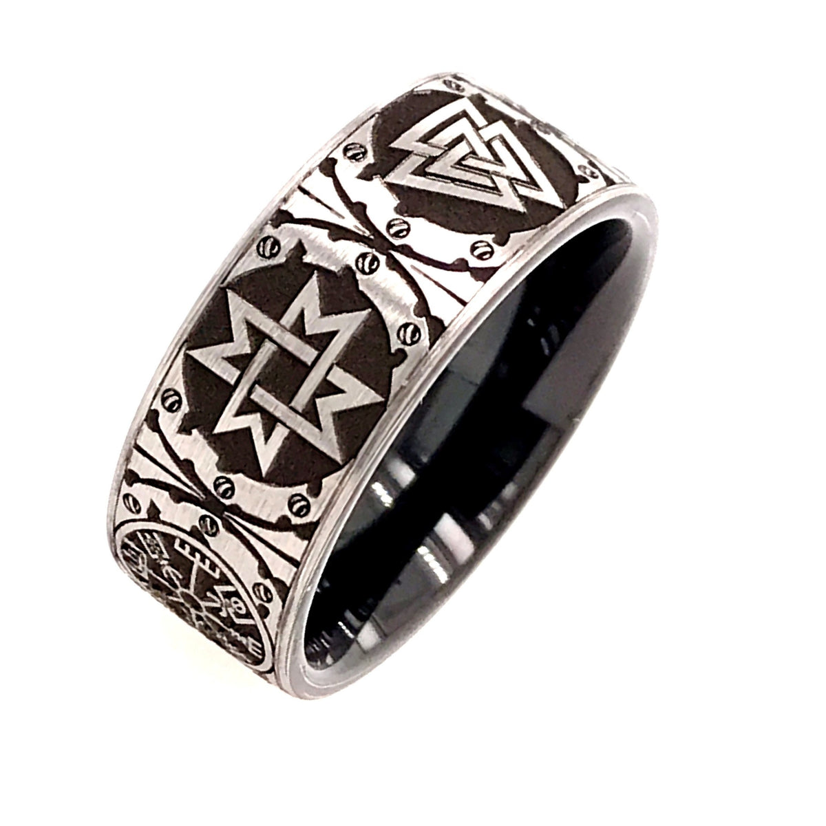 Viking Rune Ring - Black and Silver 9mm Tungsten Carbide Ring with Viking Norse Runes