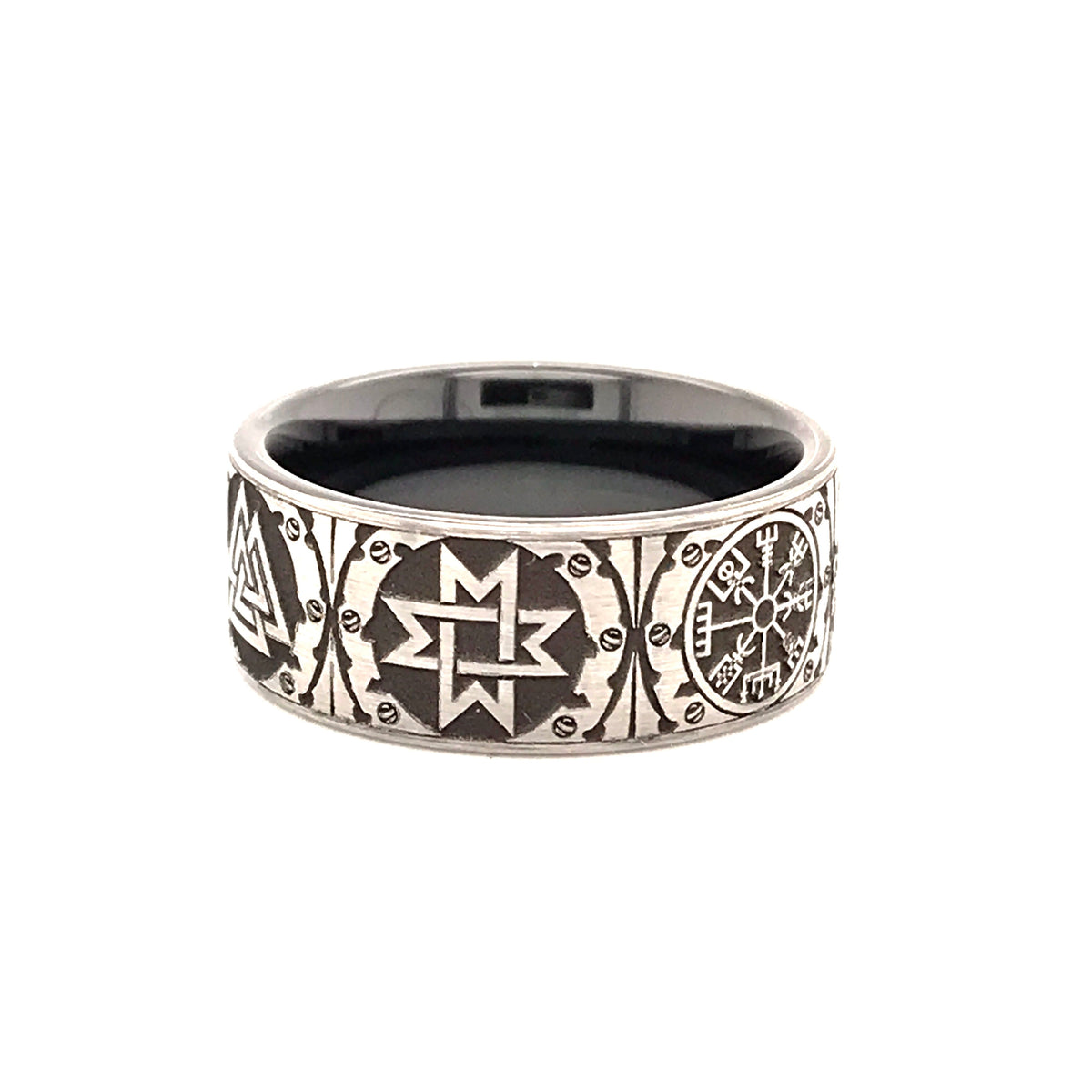 Viking Rune Ring - Black and Silver 9mm Tungsten Carbide Ring with Viking Norse Runes