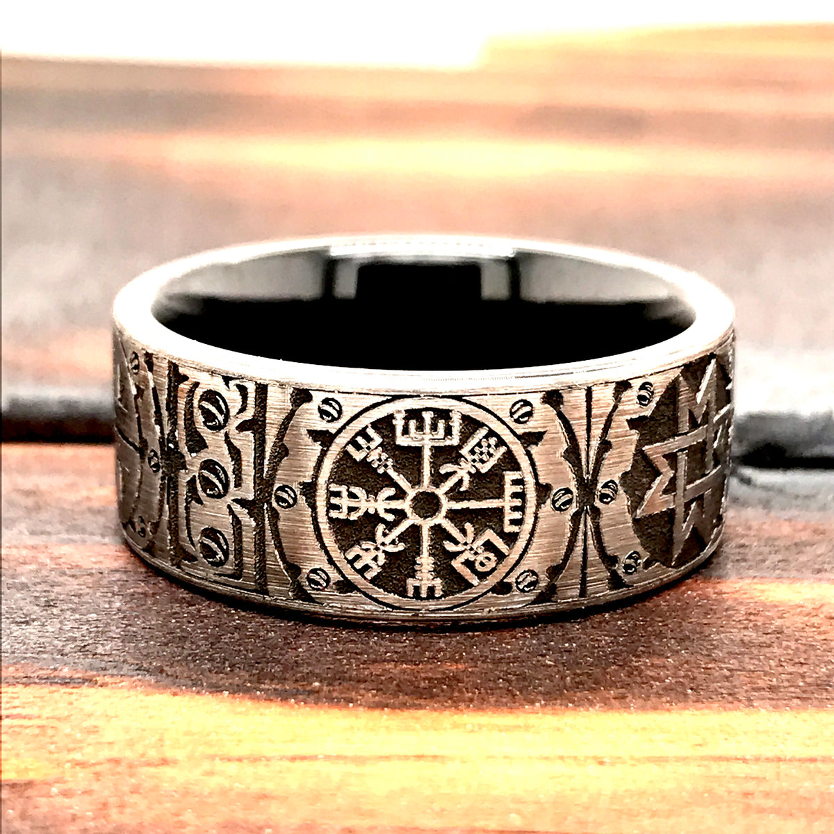Viking Rune Ring - Black and Silver 9mm Tungsten Carbide Ring with Viking Norse Runes