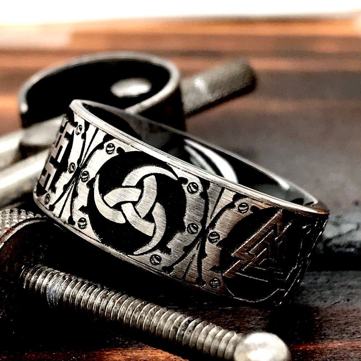 Viking Rune Ring - Black and Silver 9mm Tungsten Carbide Ring with Viking Norse Runes