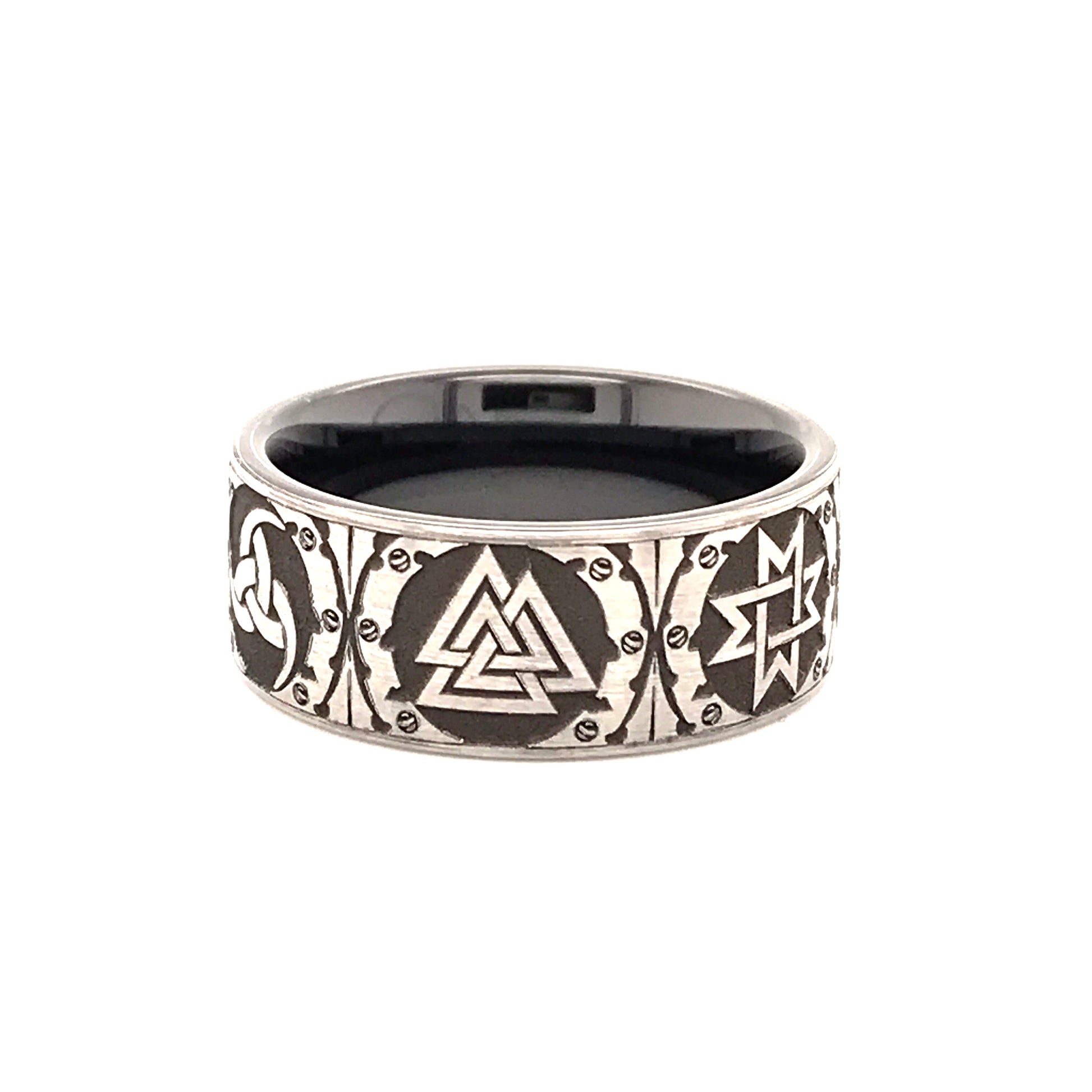 Viking Rune Ring - Black and Silver 9mm Tungsten Carbide Ring with Viking Norse Runes