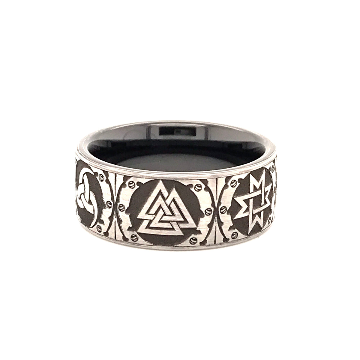 Viking Rune Ring - Black and Silver 9mm Tungsten Carbide Ring with Viking Norse Runes