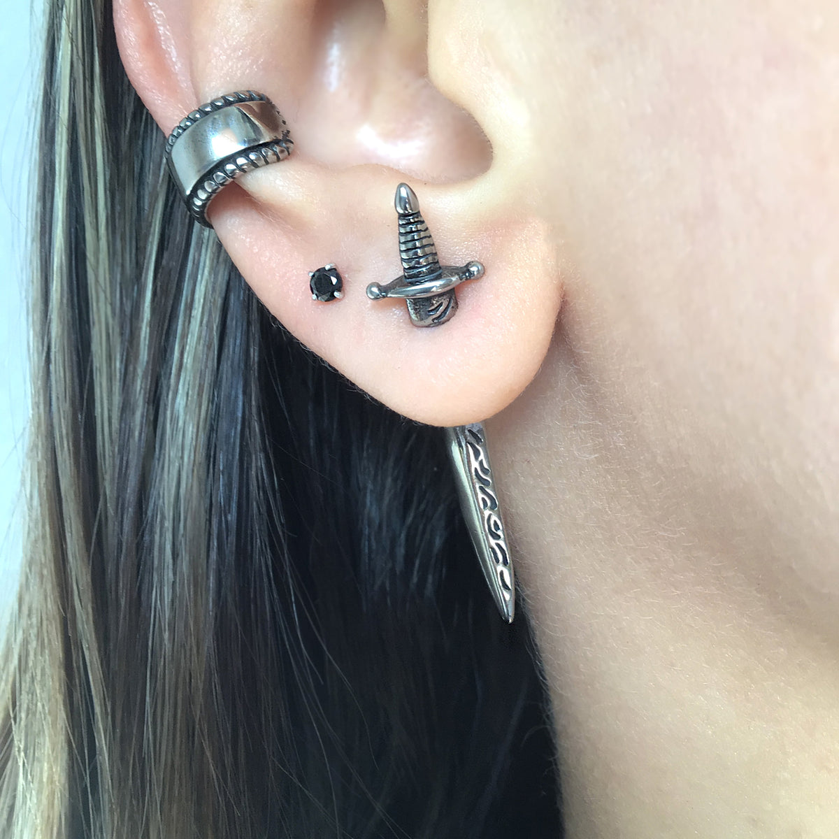 Viking Jewelry Accessory - Double Axe Ear Jacket Earrings, Stainless Steel, Celtic Norse Jewelry