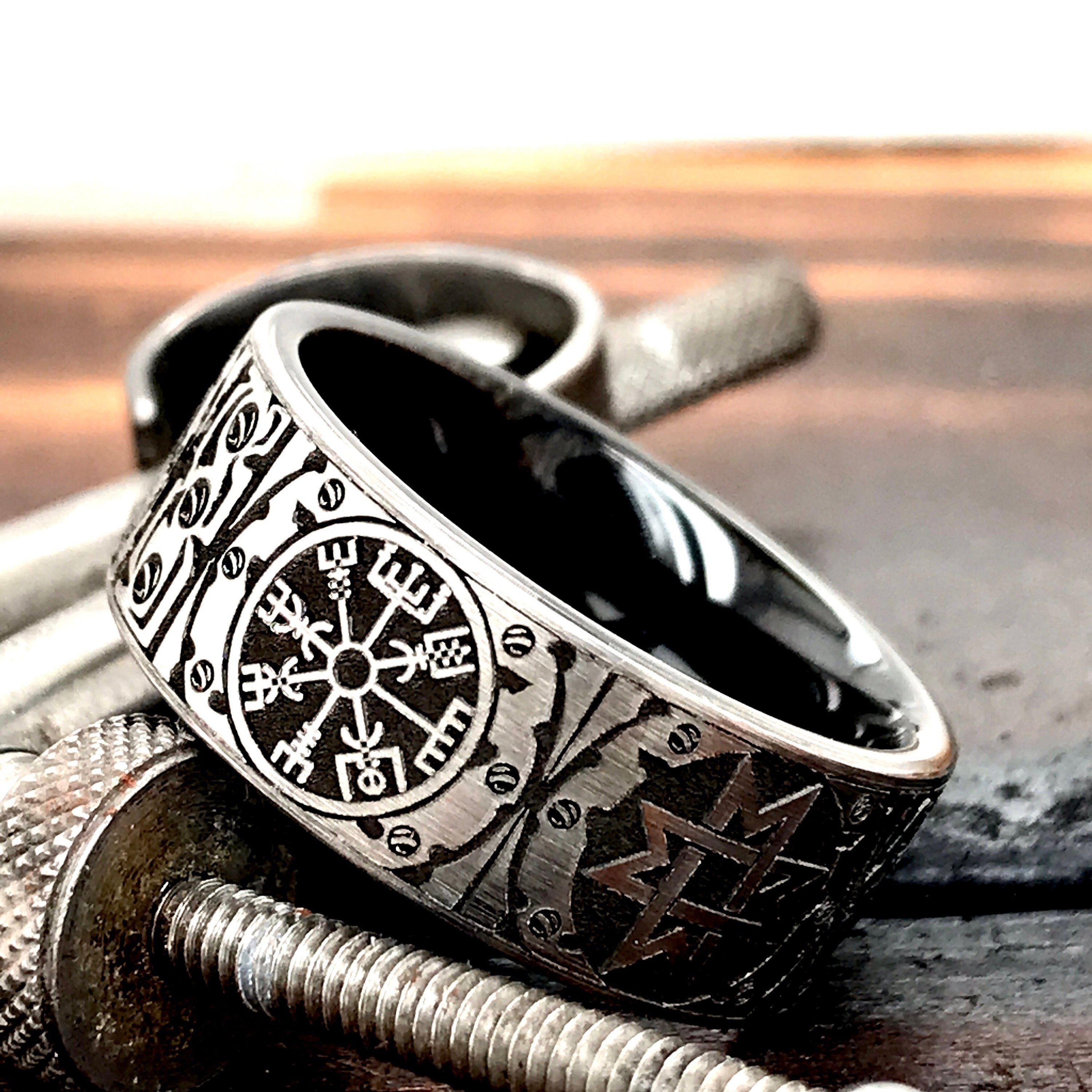 Viking Rune Ring - Viking Gothic Occult Bindrune Shield Intertwined Rune Band Ring, Silver Jewelry