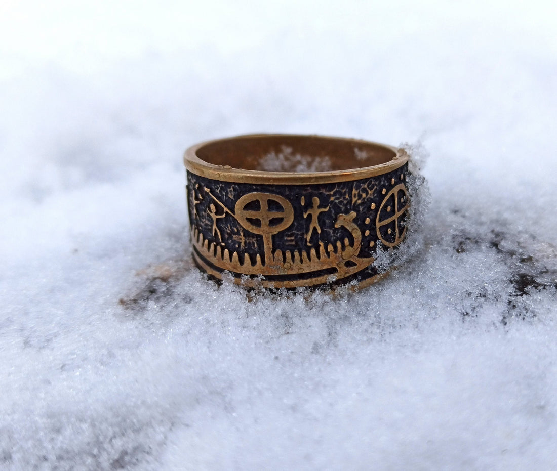 Viking Ring - Viking ship wide band ring Petroglyph Nordic ring Norse pagan Ancient jewelry