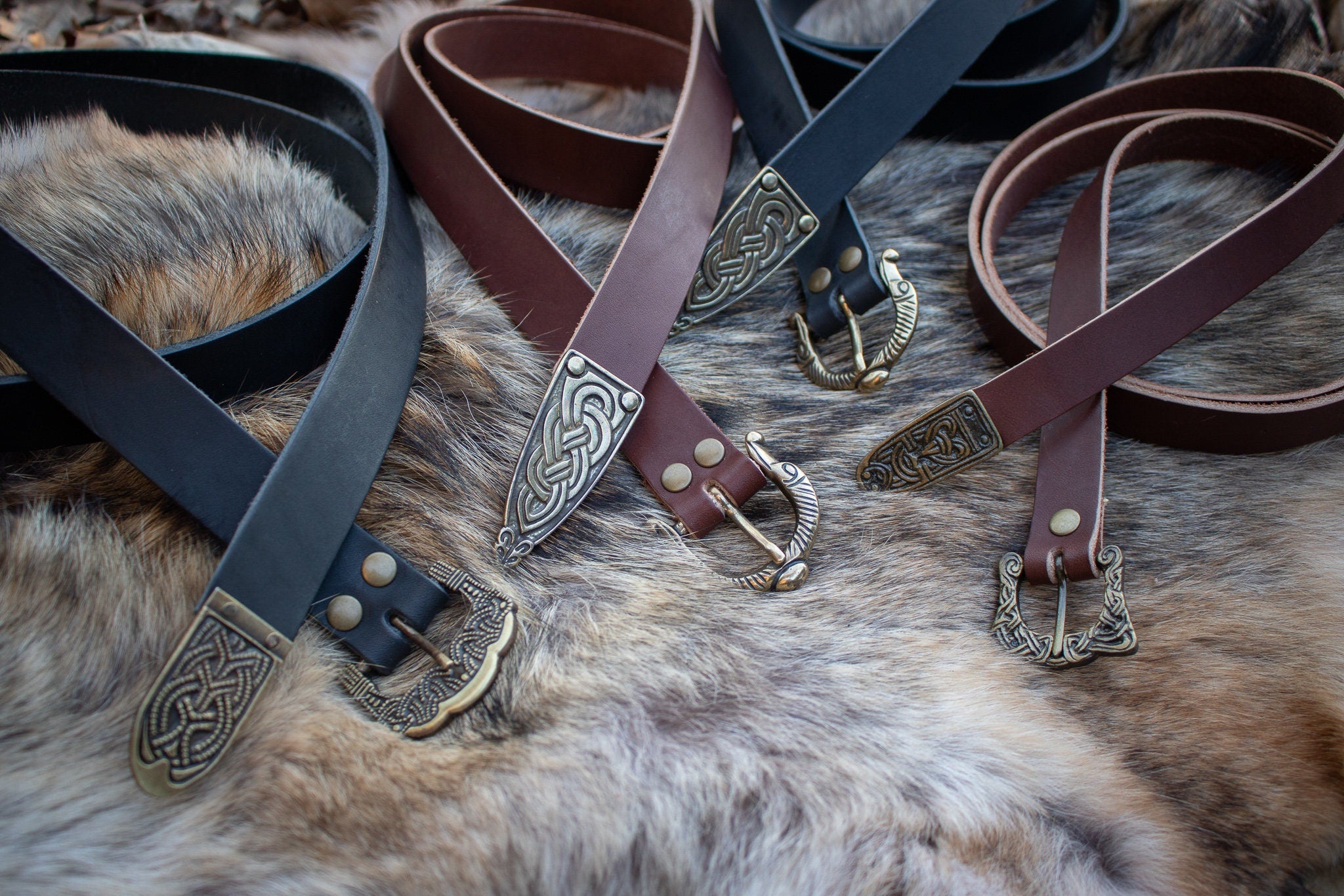 Viking Leather Accessory - Embossed Viking belt from brown or black 3, 2mm leather, with bronze