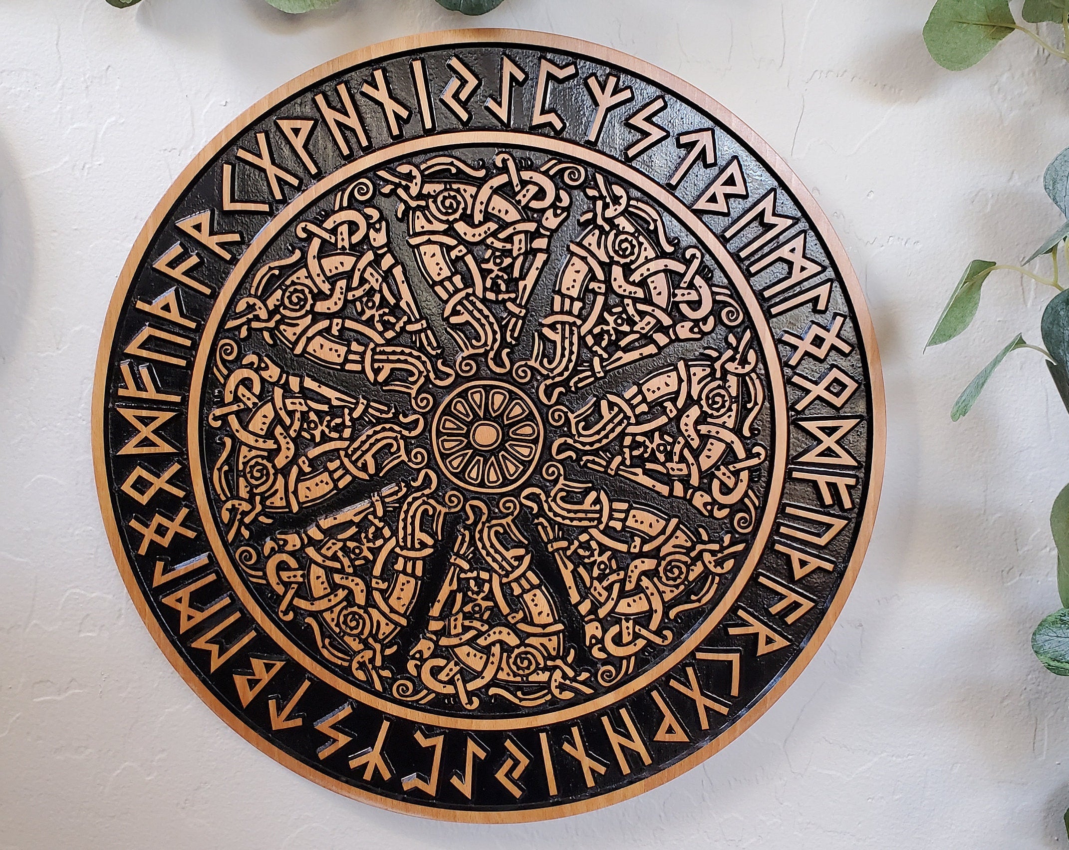Viking Valknut Home Decor - Hand-Carved Wooden Ouroboros with Valknut, Viking Dragon Wall Decor