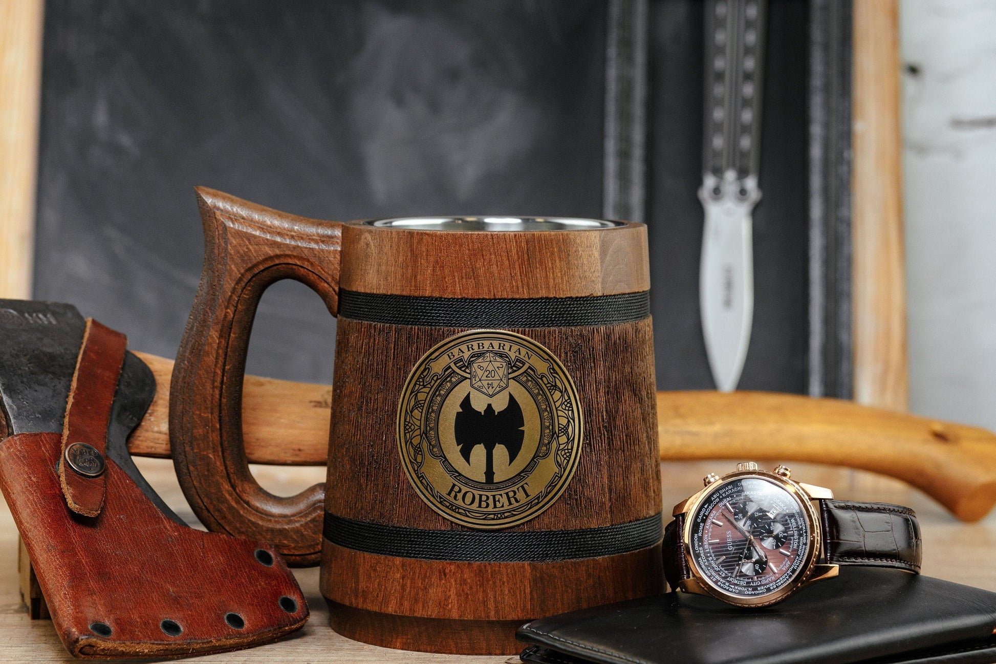 Viking Mug - Handcrafted Viking Compass Wooden Mug, Engraved Brass Plaque