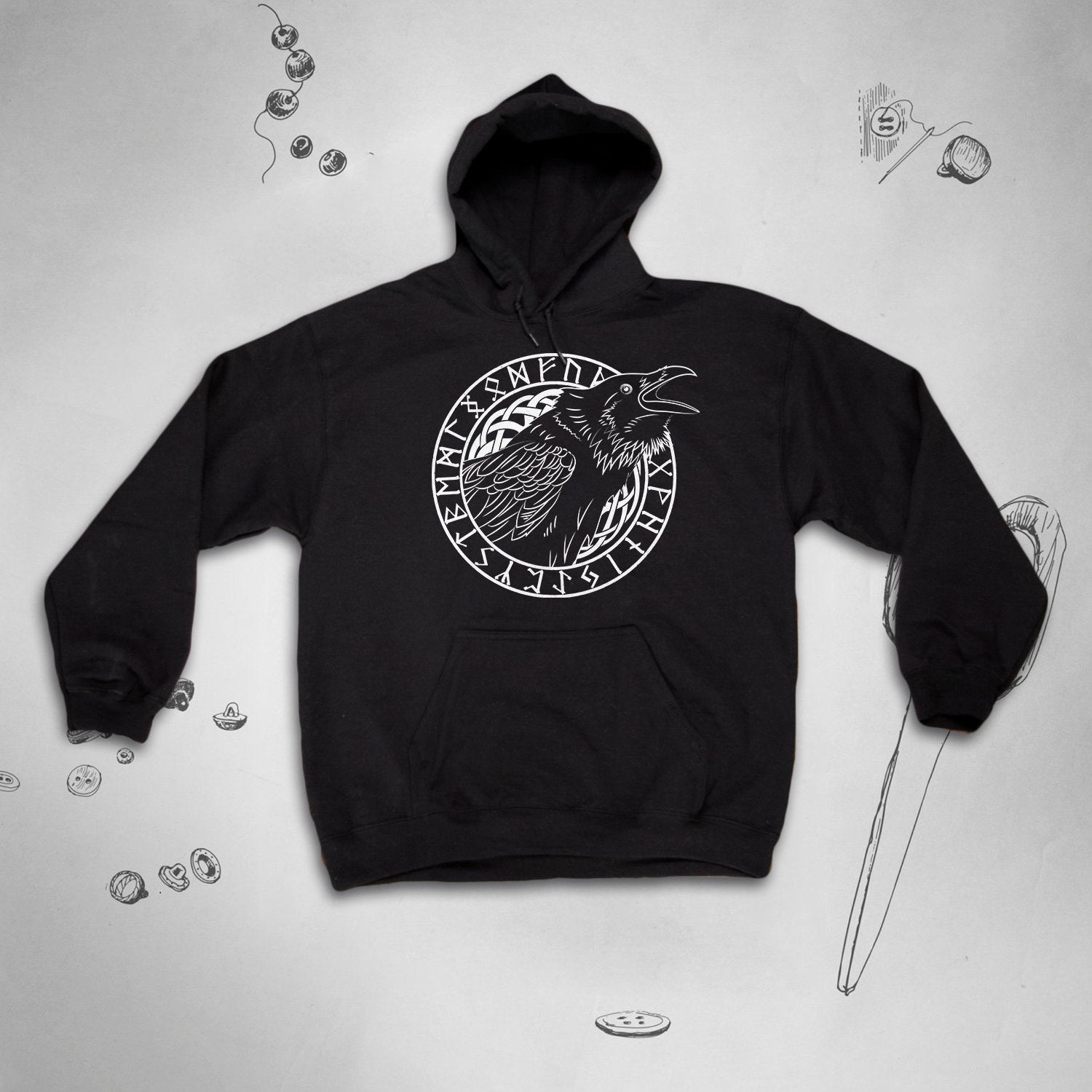 Viking Odin Hoodie - Viking Raven Hoodie with Norse Runes, Nordic Knotwork Pullover, Black Pagan