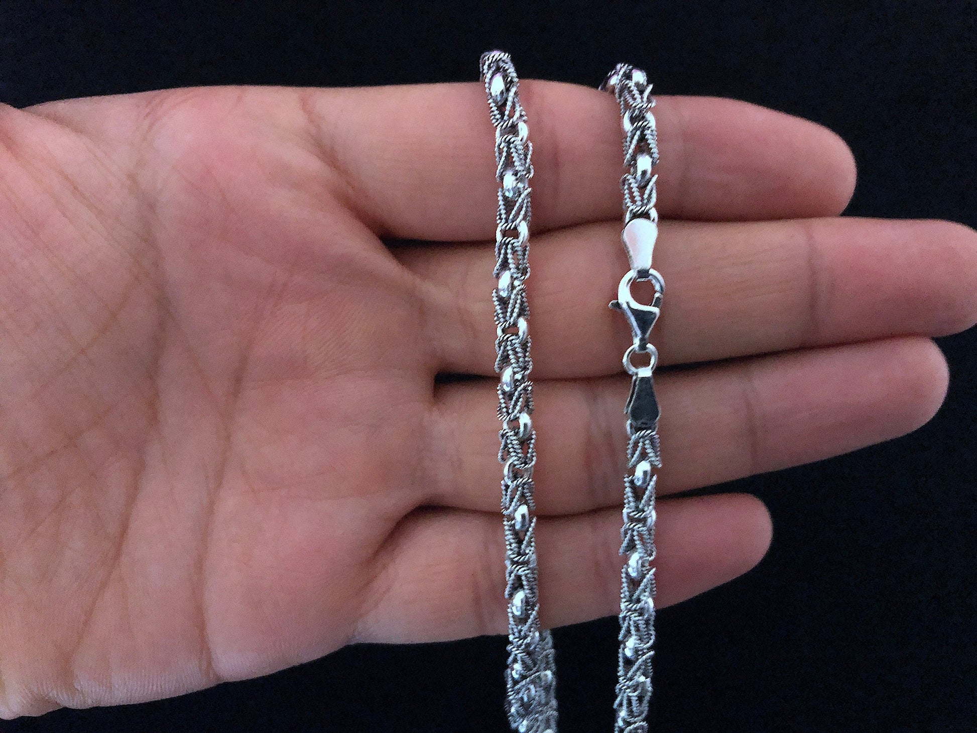 Viking Necklace - Oxidized Silver Square Byzantine Chain Necklace, 925 Sterling Silver Viking