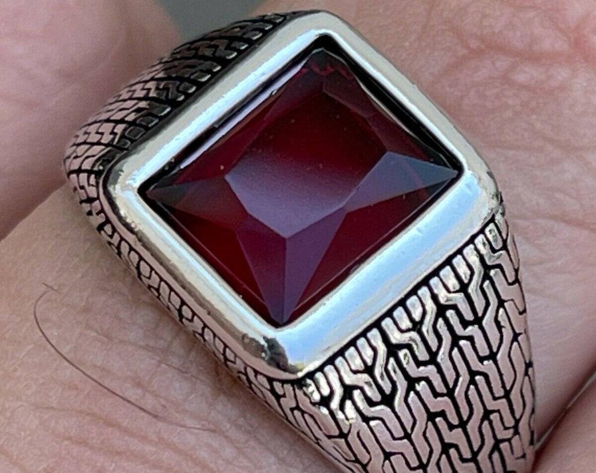 Viking Ring - 14k gold dwarven ring, brutalist signet ruby gemstone ring, fantasy viking nordic