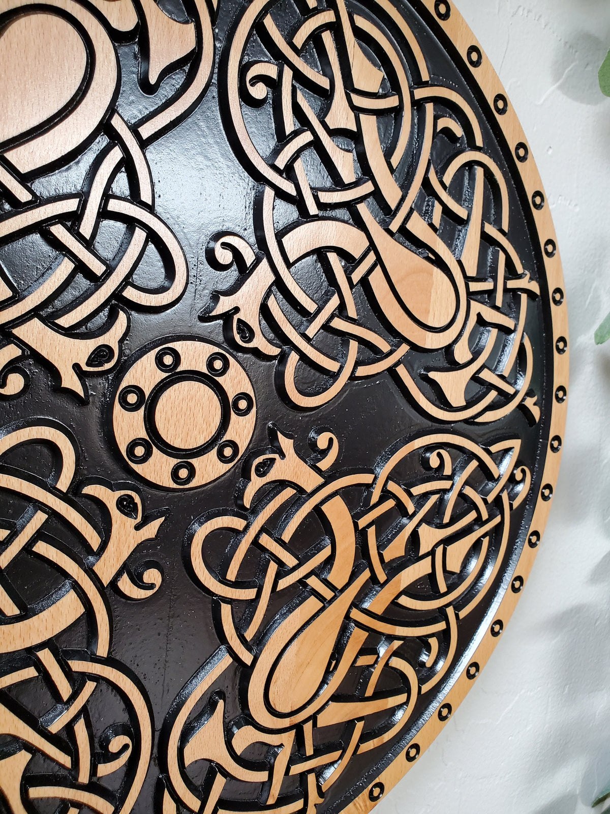 Viking Valknut Home Decor - Hand-Carved Wooden Ouroboros with Valknut, Viking Dragon Wall Decor