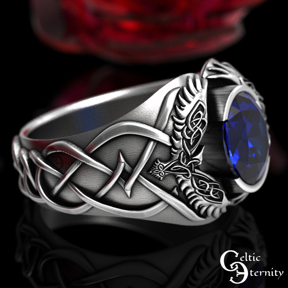 Viking Odin Ring - Men Statement Sapphire Ring, Sterling Viking Raven Ring, Odin Raven Ring, Men