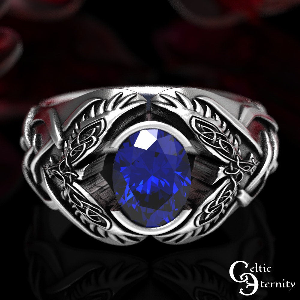Viking Odin Ring - Men Statement Sapphire Ring, Sterling Viking Raven Ring, Odin Raven Ring, Men