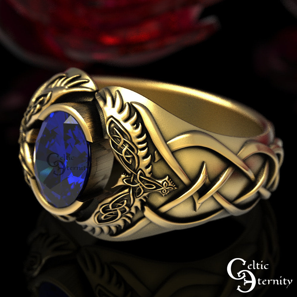 Viking Odin Ring - Men Statement Sapphire Ring, Sterling Viking Raven Ring, Odin Raven Ring, Men