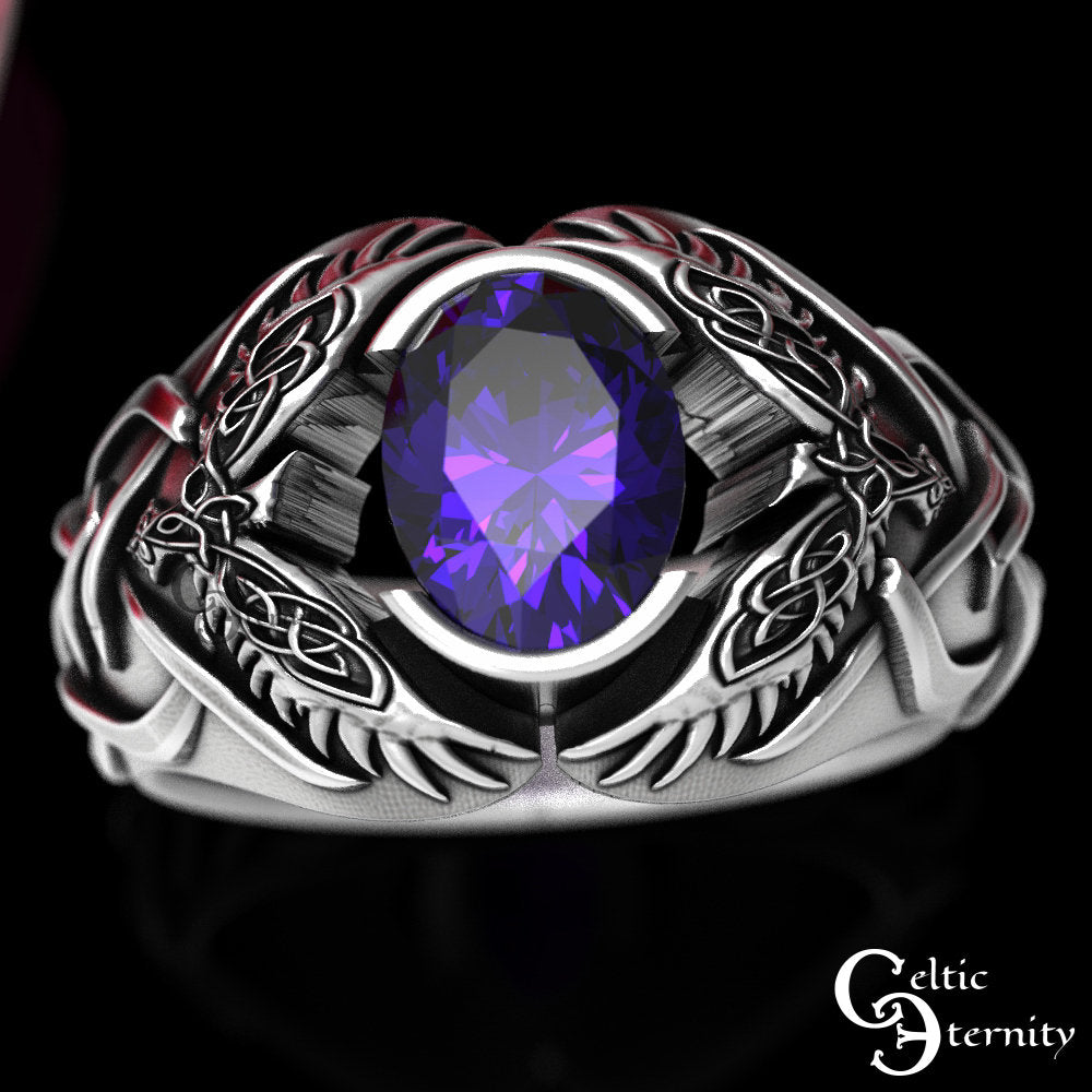 Viking Odin Ring - Men Statement Sapphire Ring, Sterling Viking Raven Ring, Odin Raven Ring, Men