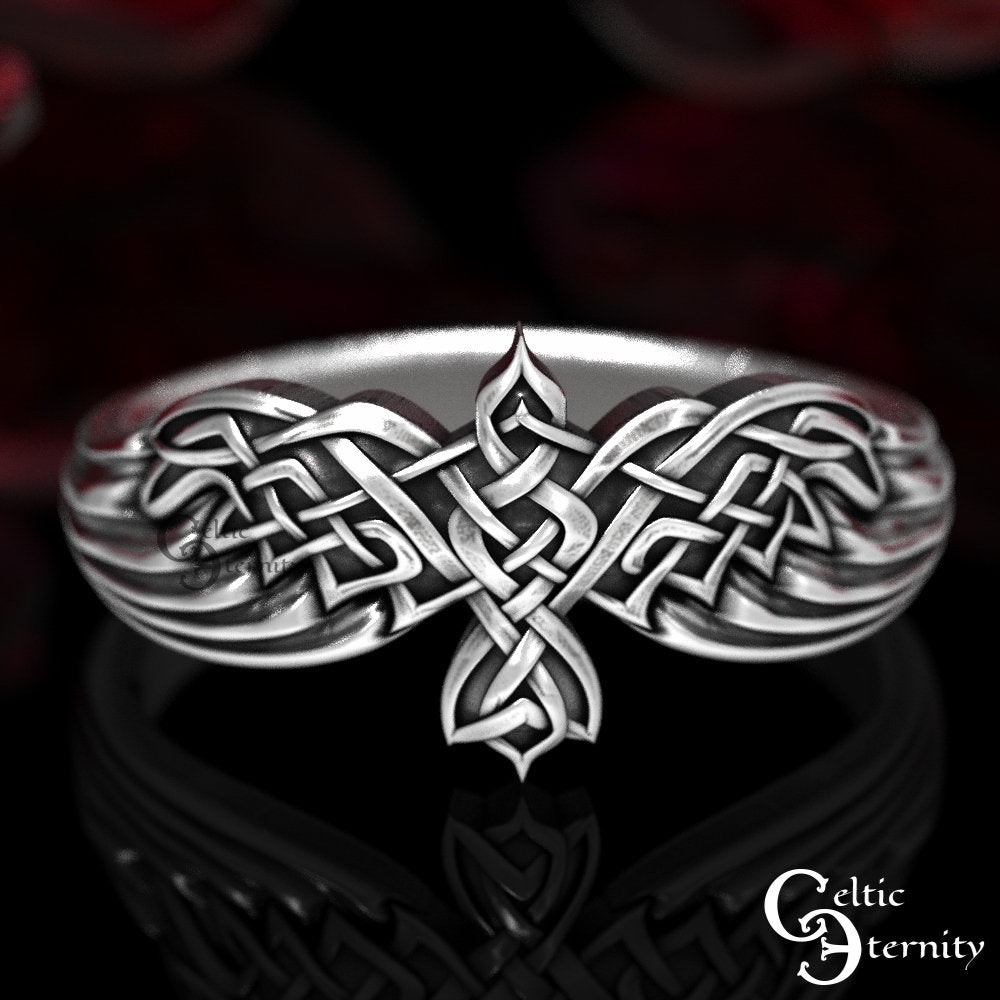 Viking Raven Ring - Silver Raven Celtic Knot Ring, Oxidized Viking Band, Norse Gothic Jewelry