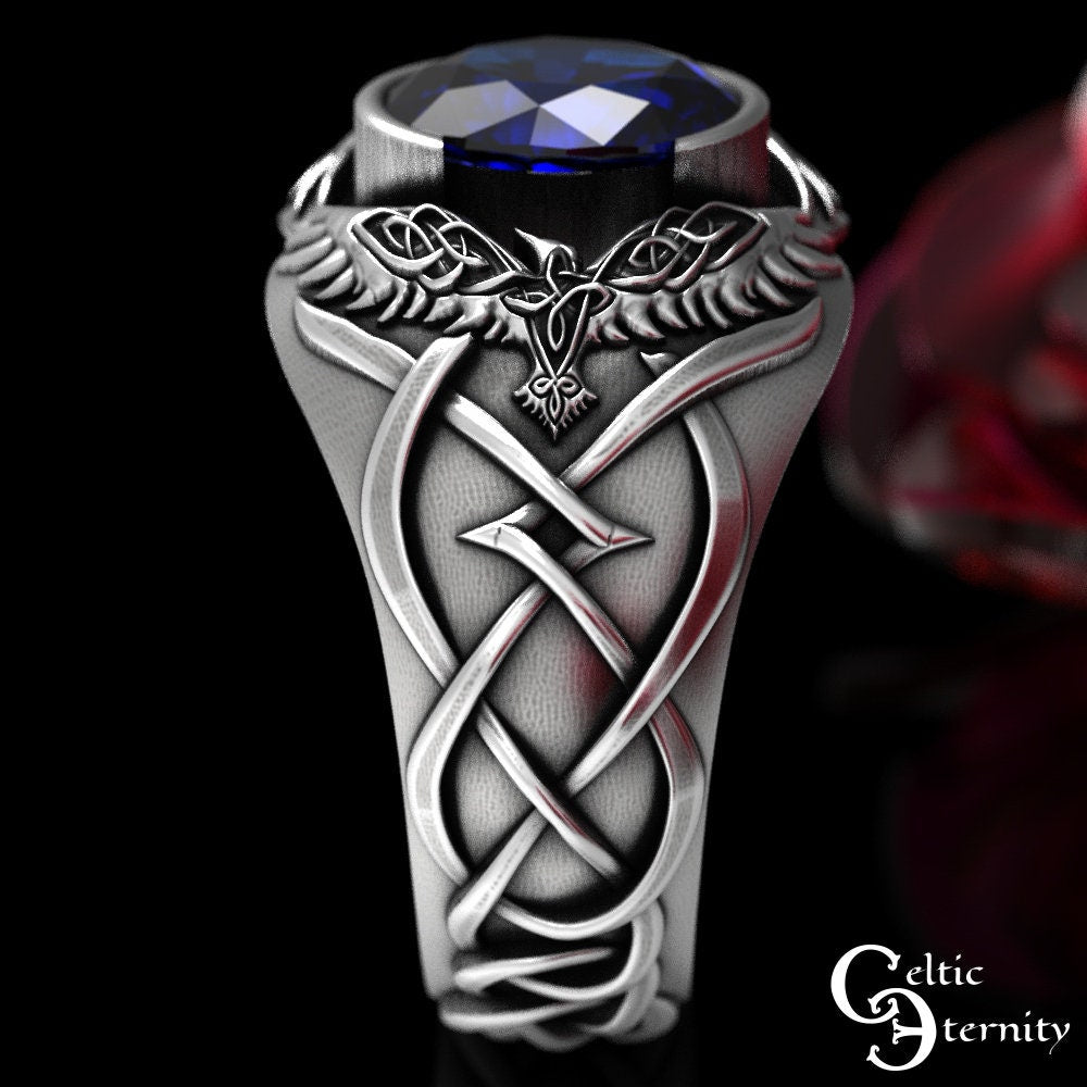 Viking Odin Ring - Men Statement Sapphire Ring, Sterling Viking Raven Ring, Odin Raven Ring, Men