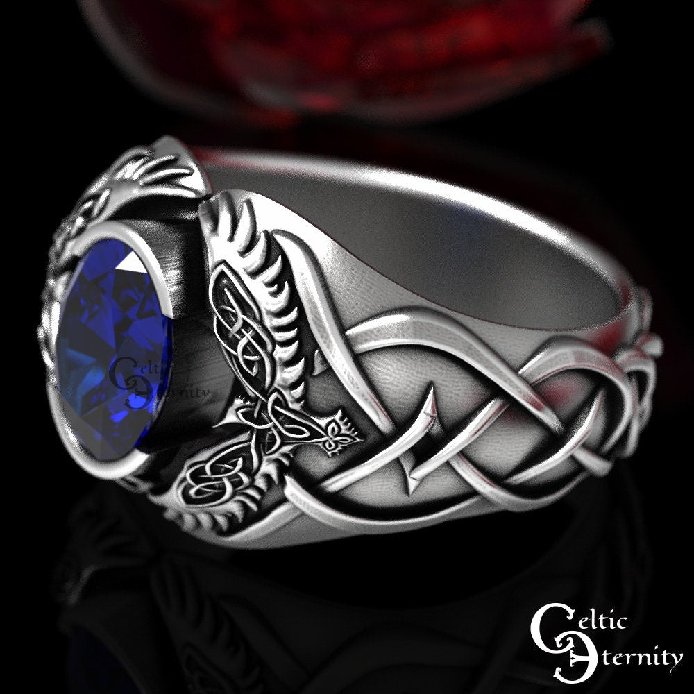 Viking Odin Ring - Men Statement Sapphire Ring, Sterling Viking Raven Ring, Odin Raven Ring, Men