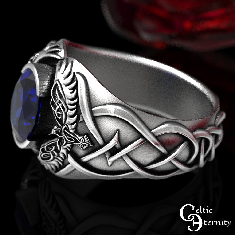 Viking Odin Ring - Men Statement Sapphire Ring, Sterling Viking Raven Ring, Odin Raven Ring, Men