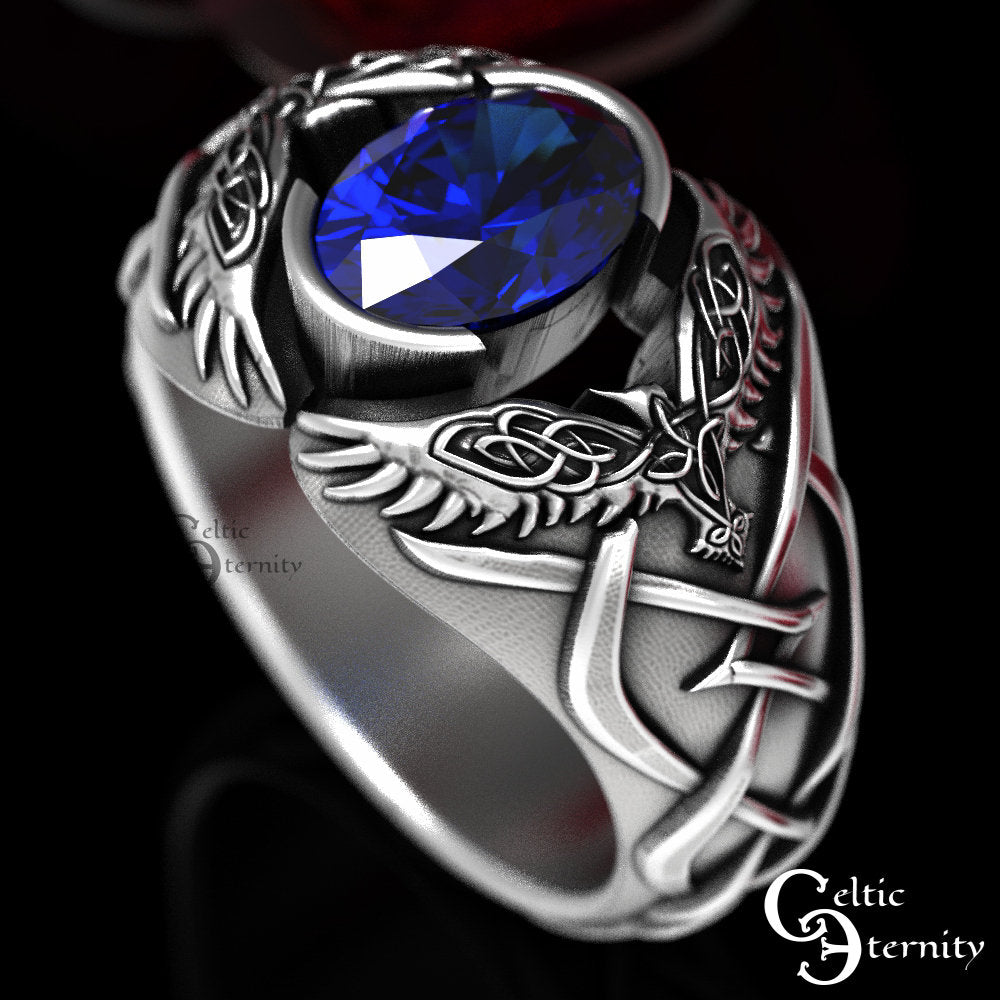 Viking Odin Ring - Men Statement Sapphire Ring, Sterling Viking Raven Ring, Odin Raven Ring, Men