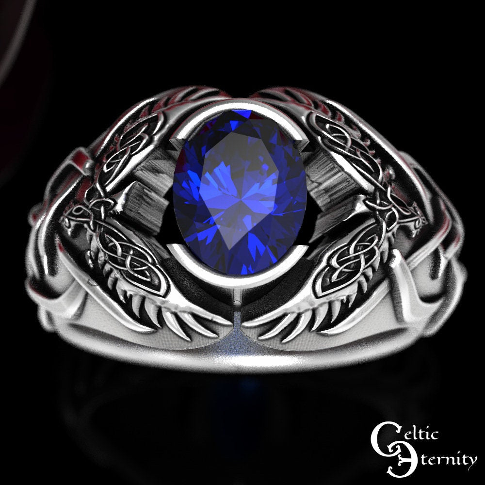 Viking Odin Ring - Men Statement Sapphire Ring, Sterling Viking Raven Ring, Odin Raven Ring, Men