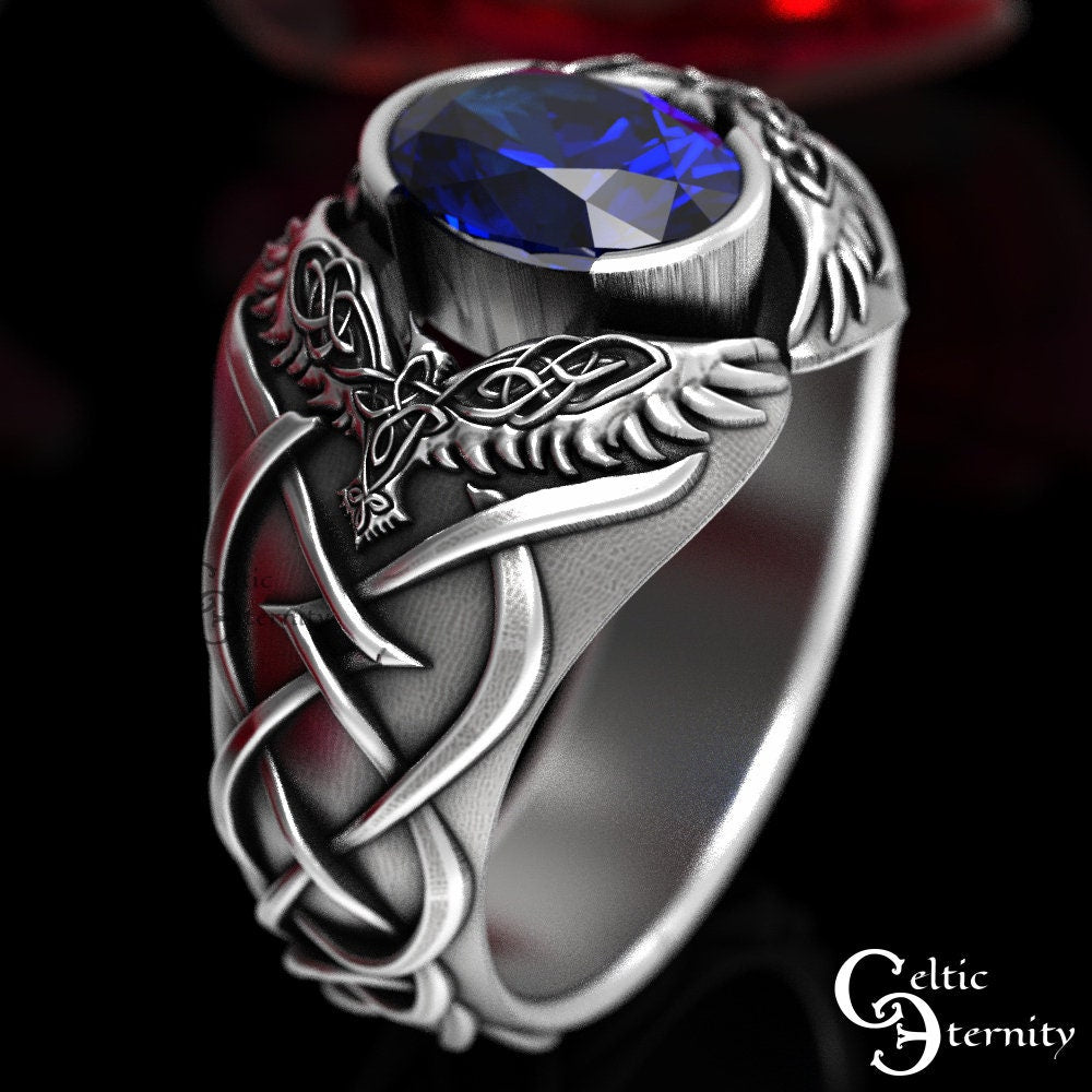 Viking Odin Ring - Men Statement Sapphire Ring, Sterling Viking Raven Ring, Odin Raven Ring, Men