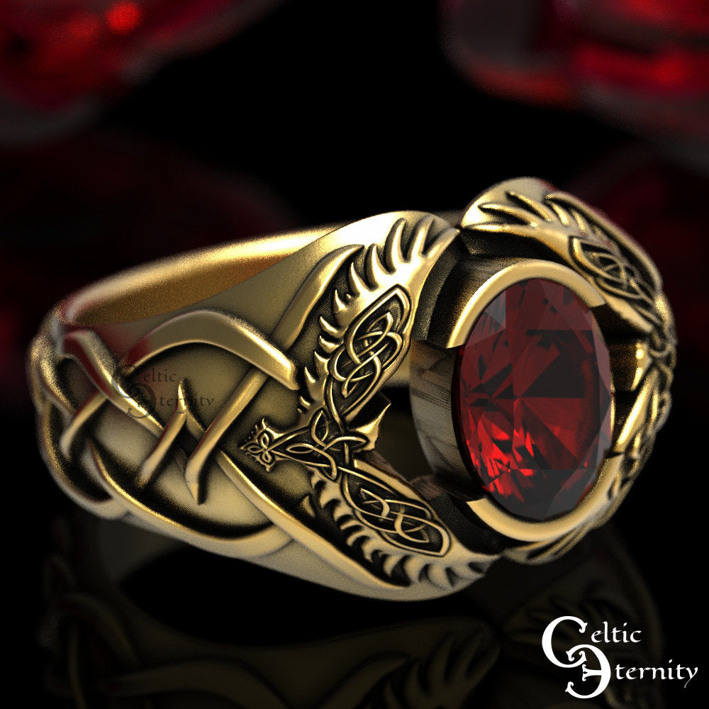 Viking Ring - 14k gold dwarven ring, brutalist signet ruby gemstone ring, fantasy viking nordic