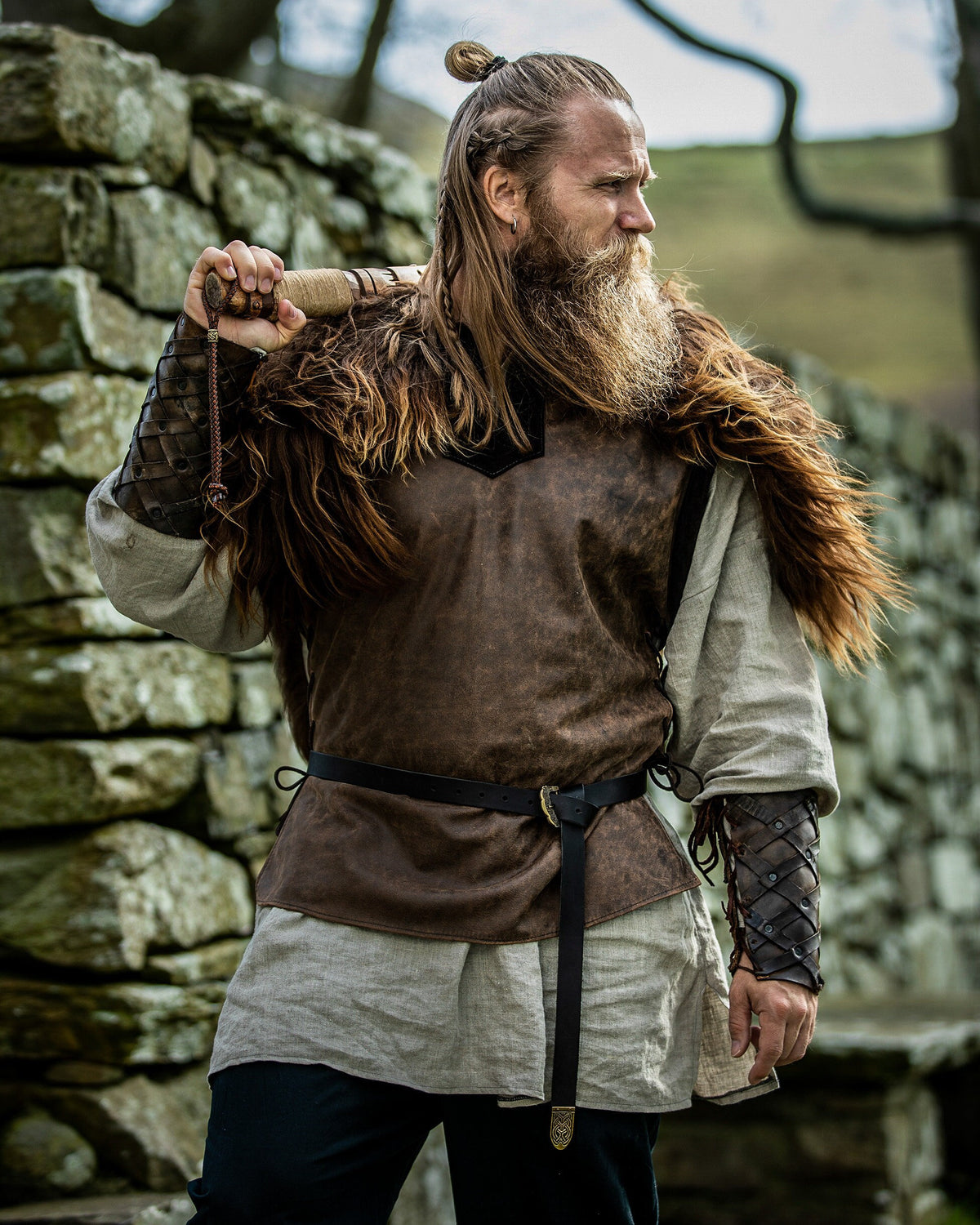 Viking T-Shirt - Green Viking tunic with leather details, Viking tunic for reenactment, LARP, and