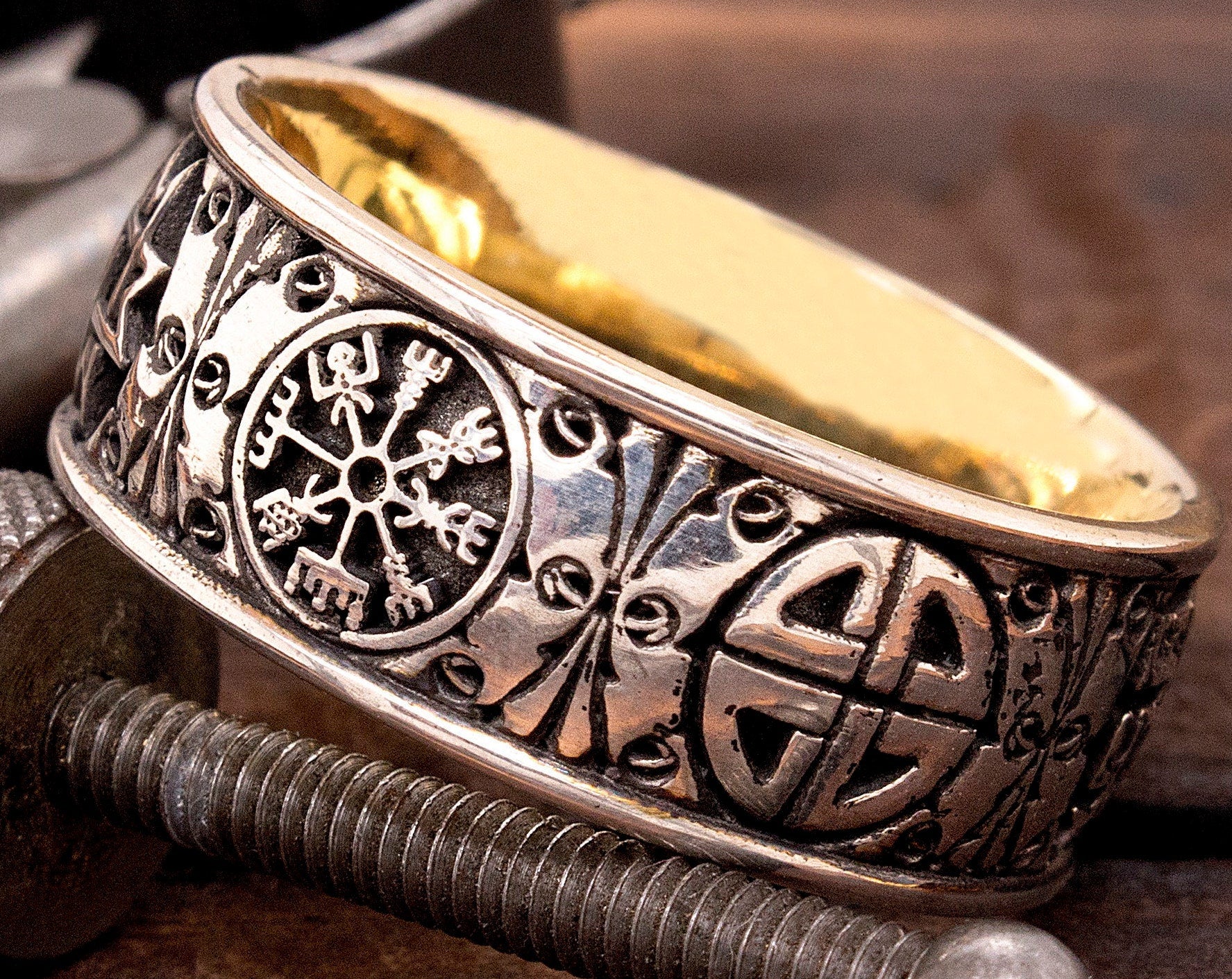Viking Rune Ring - Viking's Rune Protection Ring, Sterling Silver Dragon of Sword Multi Symbolic